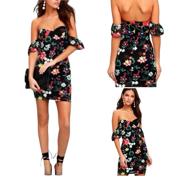 Lulus Hot Tropics Black Lace Embroidered Off-the-Shoulder Dress Small - Picture 1 of 7